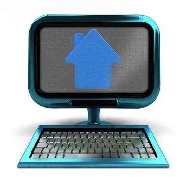 Blue metallic computer with house icon on screen concept isolated illustratio Illustrazione stock