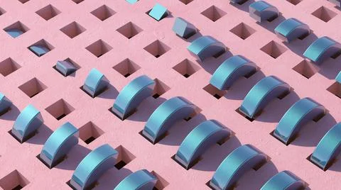 Blue metallic half circle shapes, pink wall. Abstract illustration, 3d render Stock Illustration