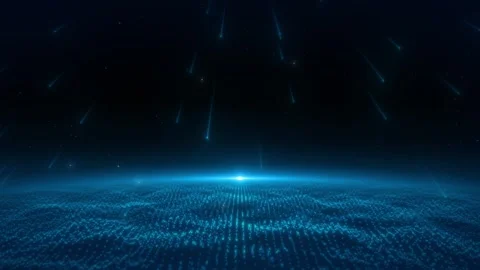 Blue meteor shower falls down with particles, converging into a twinkling ocean Stock Footage 242509220