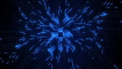 Blue micro chip circuit background glowing processor, electronic traces, board Stock Footage 334101465