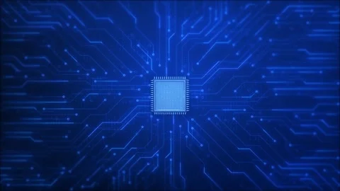 Blue microchip circuit background glowing processor core, connected electronic t Stock Footage 340399584