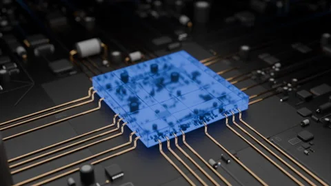 Blue microchip on circuit board with glowing lines and connections Stock Footage 323328411