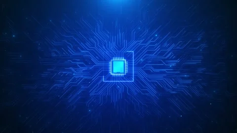 Blue microchip circuit glowing processor, electronic traces, dark tech space, Stock Footage 333862487