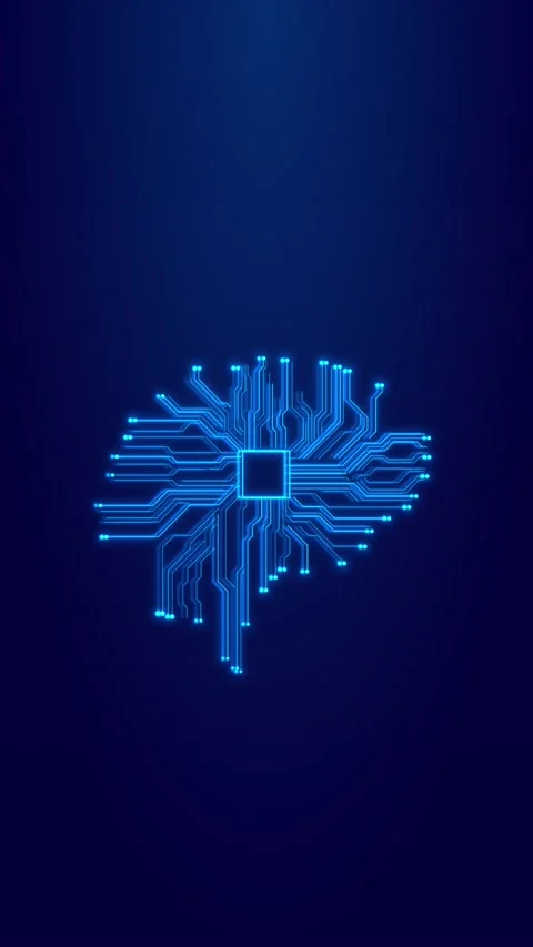 Blue microchip circuit glowing processor lines, dark gradient space, and centere Stock Footage 340528220