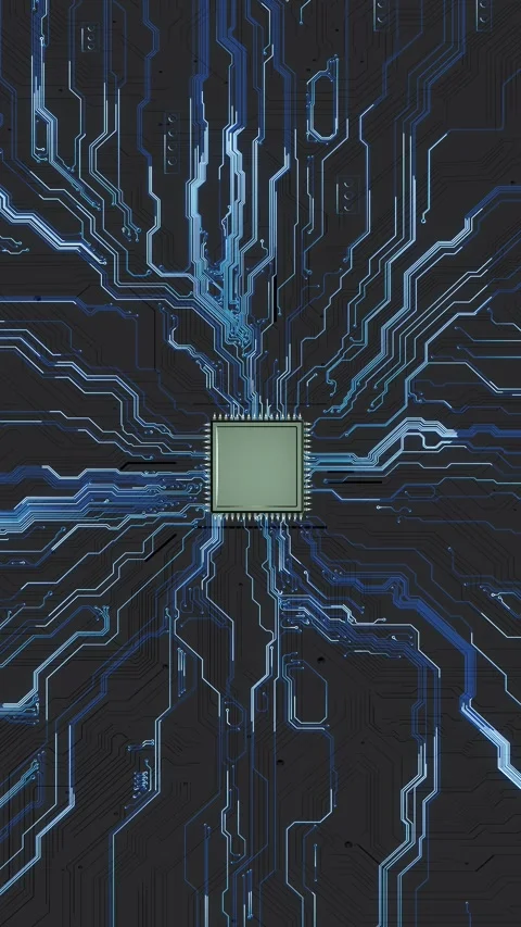 Blue microchip circuit hardware backdrop detailed board traces, central chip Stock Footage 334121844