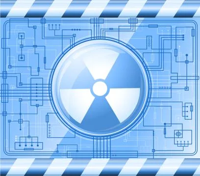 Blue microchip with glossy button with the sign of radiation.EPS10. All trans 库存插图