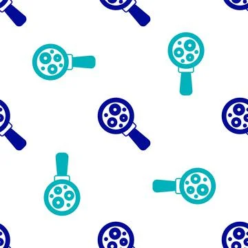 Blue Microorganisms under magnifier icon isolated seamless pattern on white Stockillustratie