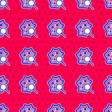 Blue Microorganisms under magnifier icon isolated seamless pattern on red b.. Stock Illustration