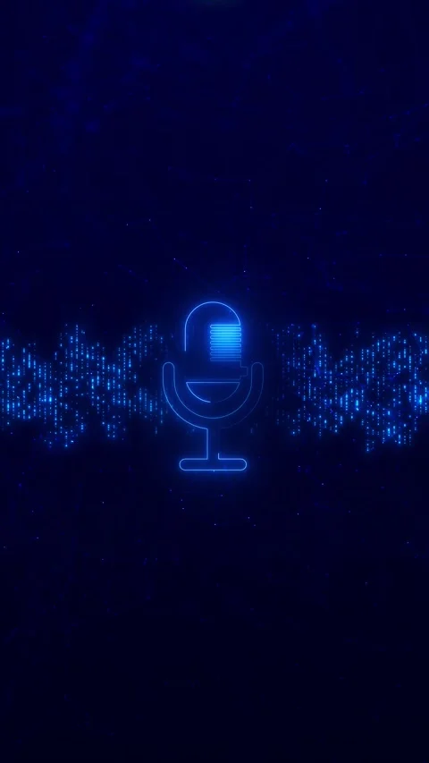Blue microphone audio wave glowing voice icon, digital waveform particles, Stock Footage 340479261