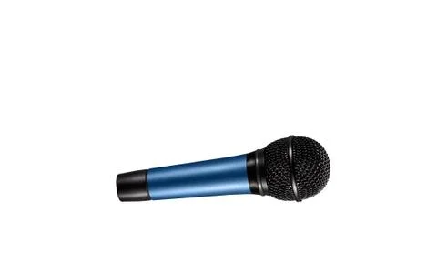 Blue microphone with black wire isolated on white Stock Photos