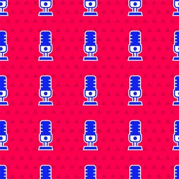 Blue Microphone icon isolated seamless pattern on red background. On air radio Stock Illustration