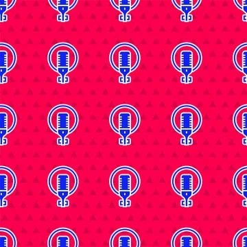 Blue Microphone icon isolated seamless pattern on red background. On air ra.. Stock Illustration