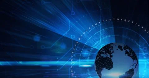 Blue microprocessor connections and round scanner over globe against black Stockfoto's