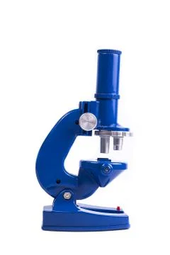 Blue microscope isolated on white background Foto stock