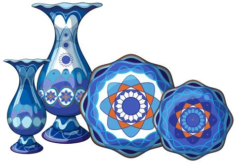 Blue Middle Eastern Vases and Plates with Geometric Patterns Stock Illustration