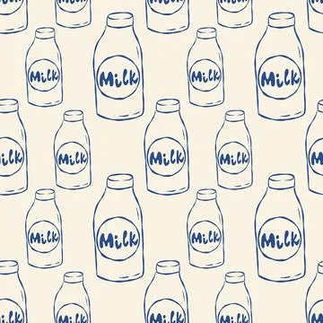 Blue milk bottle doodles repeat across cream surface Illustrazione stock