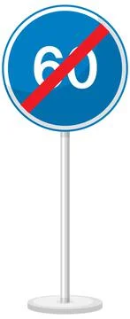 Blue minimum speed limit 60 road sign with stand isolated on white background Illustrazione stock