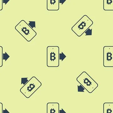 Blue Mining bitcoin from mobile icon isolated seamless pattern on yellow Stock Illustration