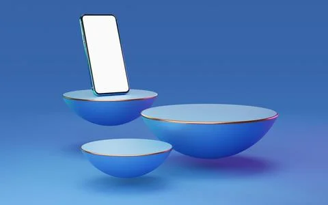 Blue mobile phone on half sphere podium floating with red and green rim lig.. Stock Photos