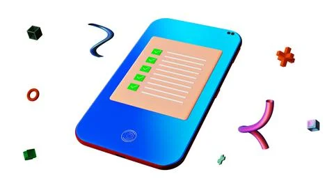 Blue Mobile Phone With Notes. 3D Render. Isolated On White Background. Illustrazione stock