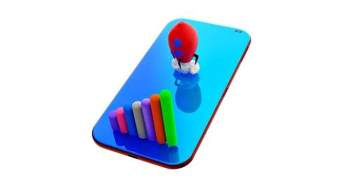 Blue Mobile Phone With Rocket Launch. Isolated On White Background. 3D Render Stock Illustration