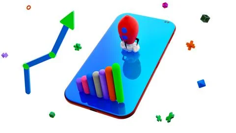 Blue Mobile Phone With Rocket Launch. Isolated On White Background. 3D Render Stock Illustration