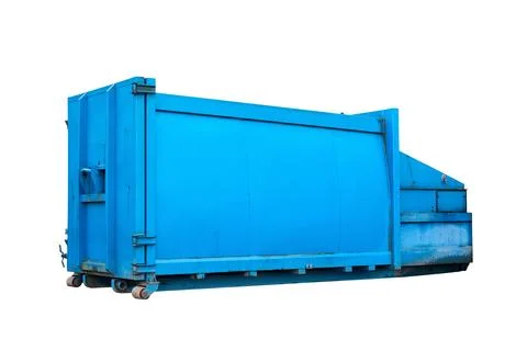 Blue mobile press container with integrated hydraulic compactor used for heav Stock Photos