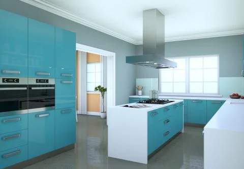 Blue modern kitchen in a flat with beautiful design Stock Illustration
