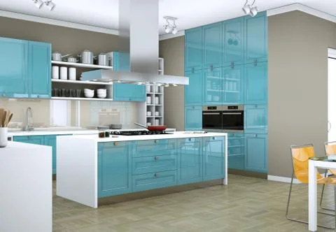 Blue modern kitchen in a flat with beautiful design Stock Illustration