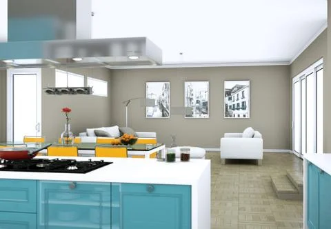 Blue modern kitchen in a flat with beautiful design Stock Illustration