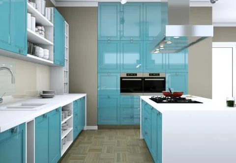Blue modern kitchen in a flat with beautiful design Stock Illustration