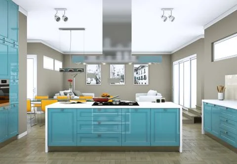 Blue modern kitchen in a flat with beautiful design Illustrazione stock