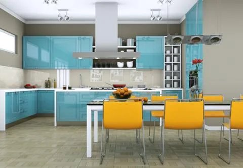 Blue modern kitchen in a flat with beautiful design Stock Illustration