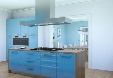 Blue modern kitchen interior design illustration Stock Illustration