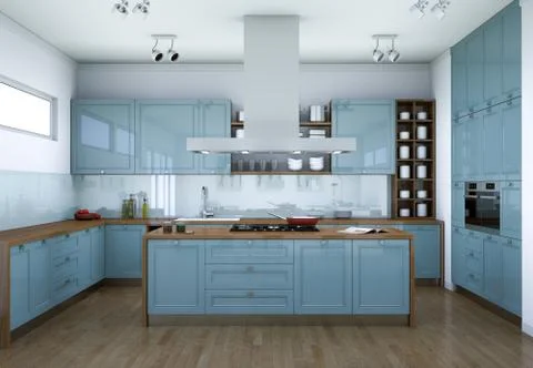 Blue modern kitchen interior design illustration Stock Illustration