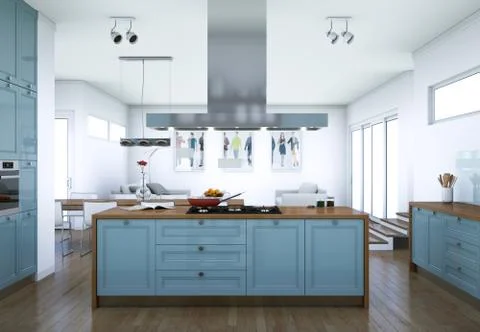 Blue modern kitchen interior design illustration Stock Illustration