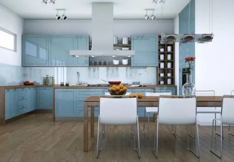 Blue modern kitchen interior design illustration Stock Illustration