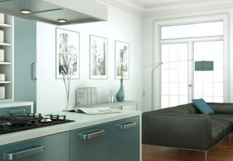 Blue modern kitchen interior design illustration Stock Illustration