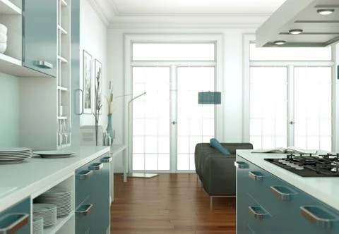 Blue modern kitchen interior design illustration Stock Illustration