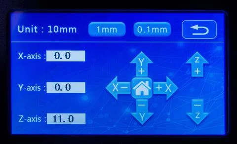 Blue modern touch screen of 3D printer. Close-up. Stock Photos