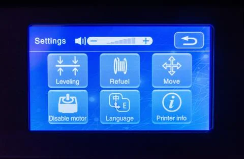Blue modern touch screen of 3D printer. Visible pixel detail. Stock Photos