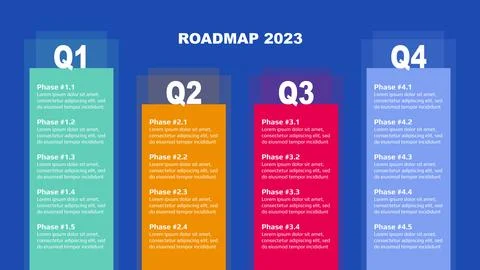 Blue modular geometric roadmap with four colorful columns. Timeline infographic Illustrazione stock