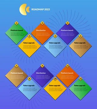 Blue modular geometric roadmap with twelve colorful rhombuses. Timeline Stock Illustration
