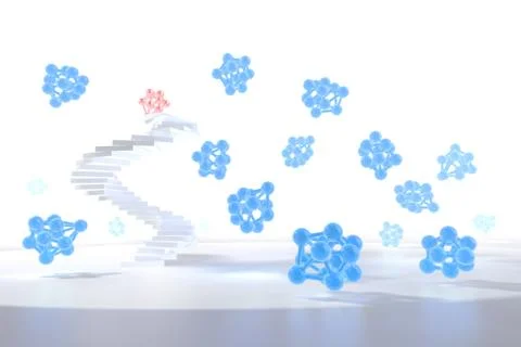 Blue molecules flying in the space and spiral staircase on white background Stock Illustration