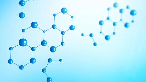 Blue molecules or atom on blue background. Abstract structure in science, che 스톡 일러스트