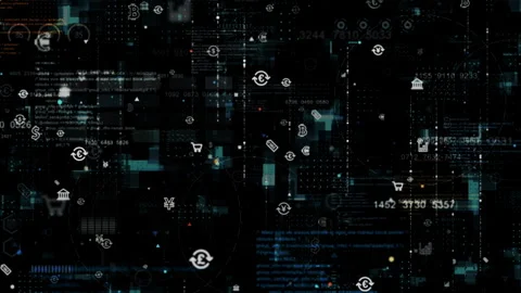 Blue money icon and data matrix simulation digital grid line with futuristic HUD Stockbeeldmateriaal 247504635