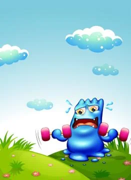 A blue monster exercising at the hilltop Stock Illustration