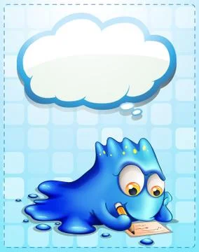 A blue monster writing with an empty cloud callout Illustrazione stock