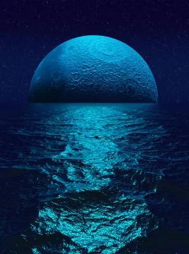 Blue moon realistic reflection in water sea ocean fantastic landscape, 3d ren Illustrazione stock