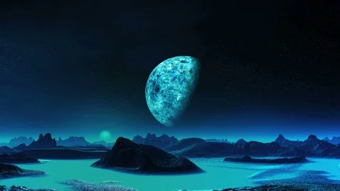 Blue Moon Rise On An Alien Planet Stock Footage 69764880